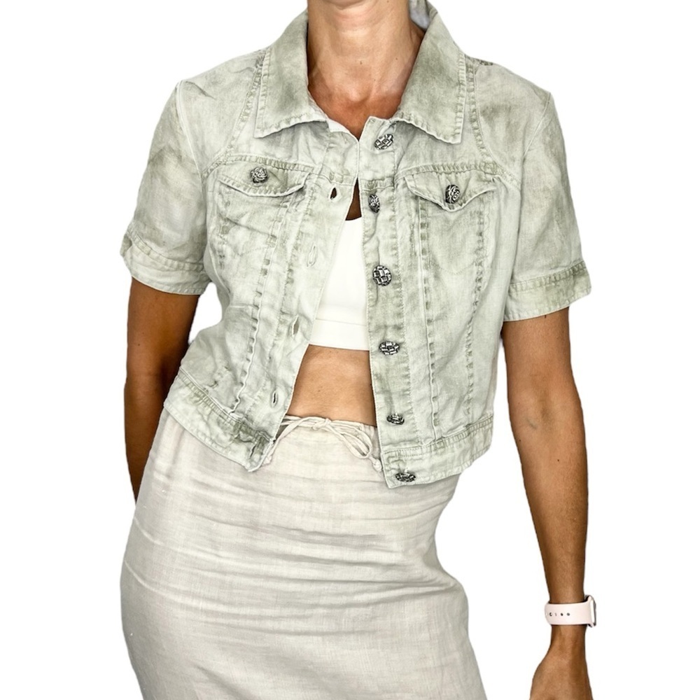 YEST pure linen muted sage green beige cropped short sleeve jacket top 4